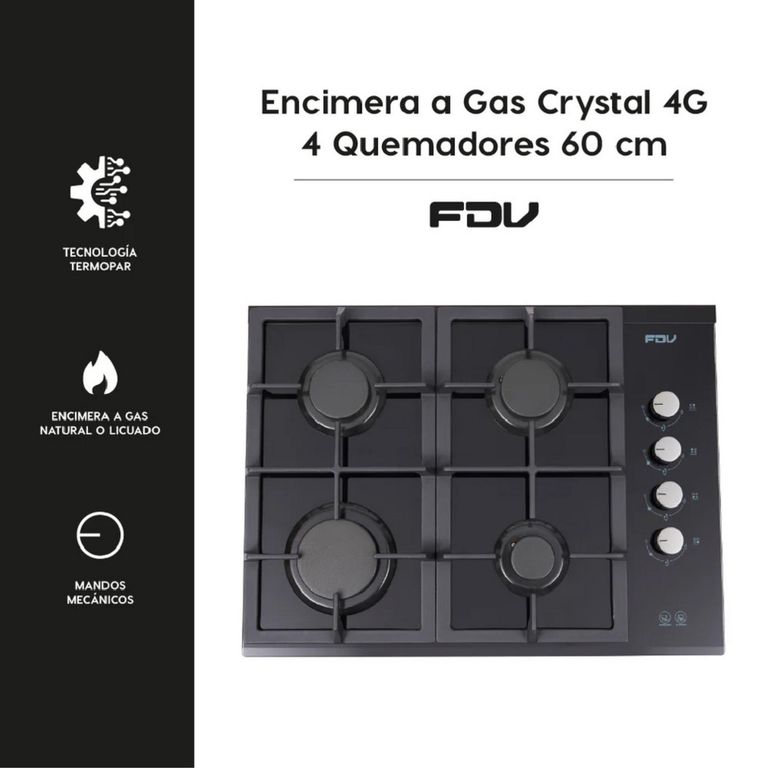 Encimera FDV Crystal de 4 Quemadores a Gas Natural