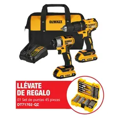 DEWALT - Taladro Percutor 1/2 + Atornillador de Impacto 1/4 + 2 Baterías 2 Ah + Cargador + Set 45 Pzas