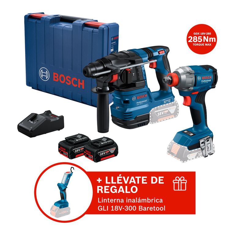 Rotomartillo Inalámbrico GBH 185-LI 2Bat +Llave de Impacto GDX 18V-285 + REGALO:Linterna GLI 18V-300