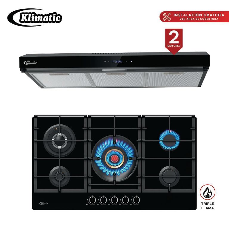 COMBO ENCIMERA A GAS VULCANO5 + CAMPANA VOLENDAM BK 90CM