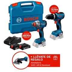 BOSCH - Taladro Percutor GSB18V-65 + Llave de Impacto GDX18V-285 + Amoladora GWS18V-8