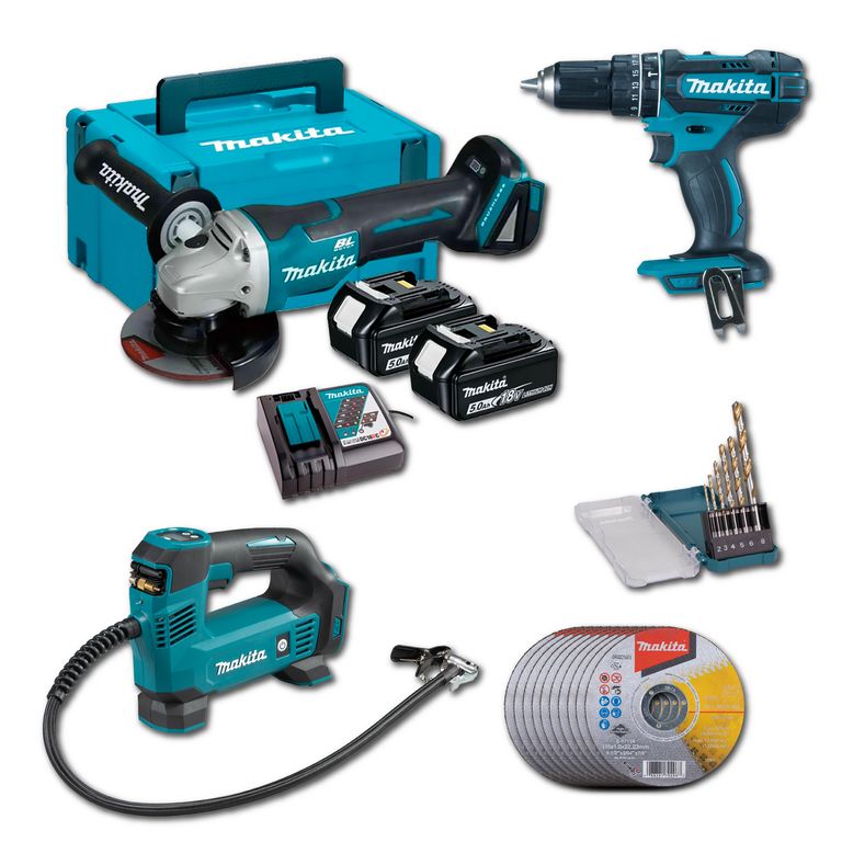 Esmeril + 2 Bat + Cargador + 1 Taladro 62Nm + 1 Inflador 18V + 1 Set Brocas + 10 Discos