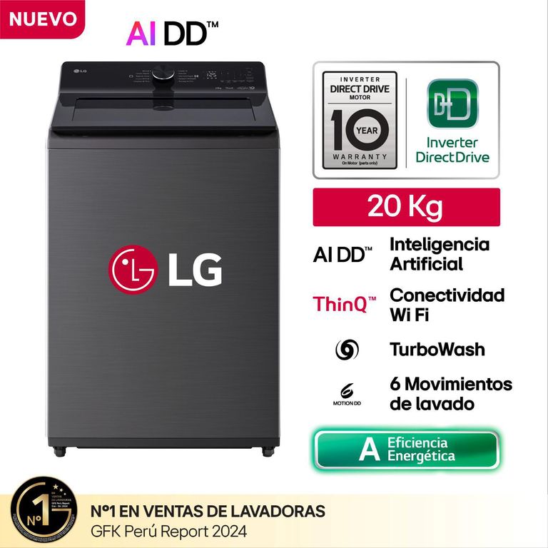 Lavadora 20kg con IA Carga Superior Negro Plateado LG WT20PBTX
