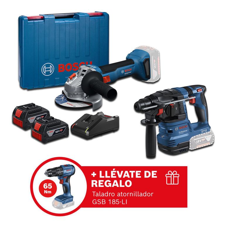 Combo Inalámbrico Amoladora GWS 18V-8 + Rotomartillo GBH 185 + Bats. 4Ah + REGALO:Taladro GSB 185-LI