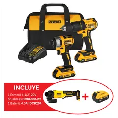 DEWALT - Taladro percutor inalámbrico 1/2" 20V + Atornillador de Impacto 1/4" 20V+ Esmeril + Baterías