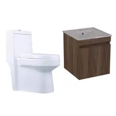 SENSI DACQUA - Mueble de Baño Vanitorio Bonsai Marrón + WC Inodoro One Piece Berlin Blanco