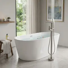 SENSI DACQUA - Combo Tina Freestanding de Baño Acrílico 148x75x57cm + Grifería de Pie Iguazu Gris