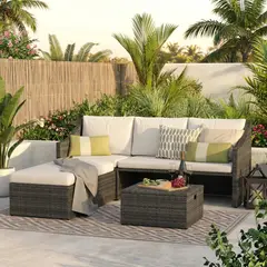 JUST HOME COLLECTION - Juego de Living Seccional de Terraza Ratán 5 Personas Blanco