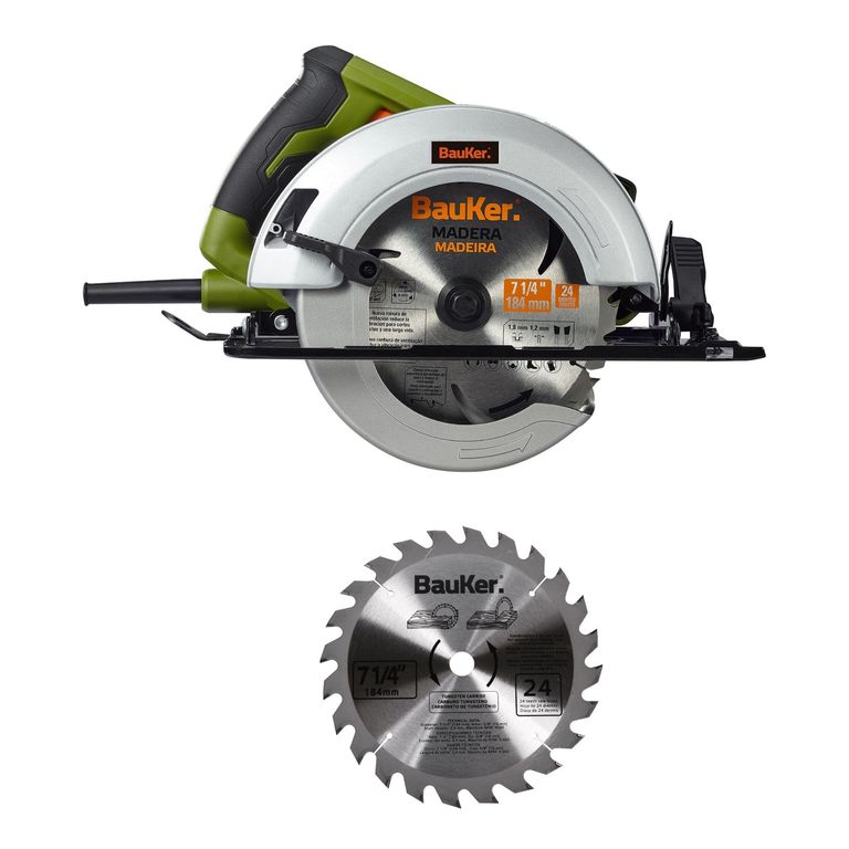Sierra Circular Eléctrica Bauker 7 1/4" 1800W + Disco para Madera 7 1/4" 24 Dientes Bauker