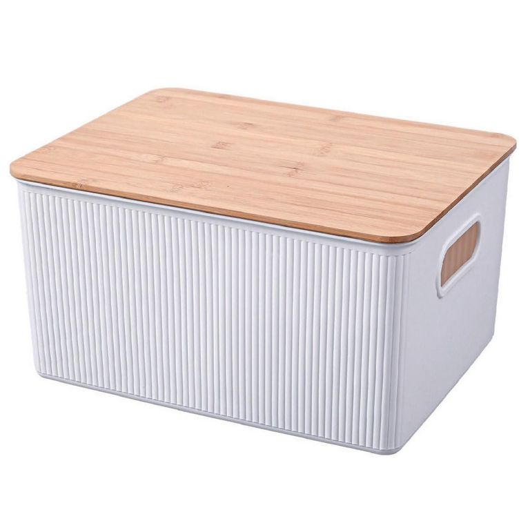 Canasta Plástica Tapa Bambú 23L Blanco