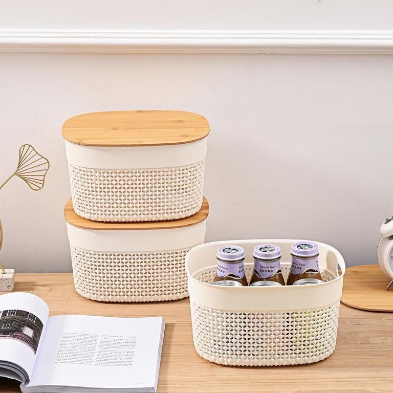 Set 3 Canastas Ovaladas Tapa Bambú 6L Blanco