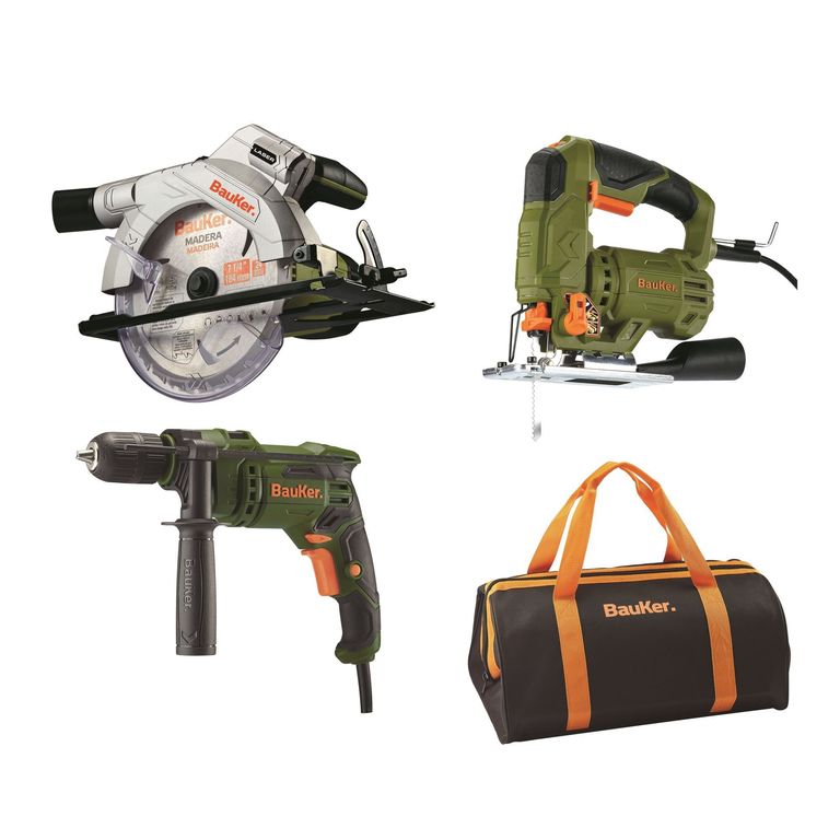 Combo Taladro Percutor Eléctrico Bauker 650W+Sierra circular Bauker 1300W+Sierra De Calar Bauker 600W+ Maletín