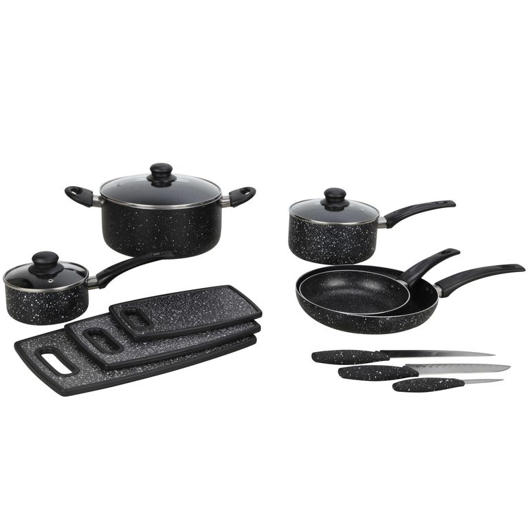 Juego De Ollas 8 Piezas Negro Antiadherente + Tabla 3 Und. + Cuchillo