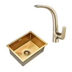 SENSI DACQUA - Lavadero de Cocina Acero Inoxidable 1 Poza Gold 45x58cm + Monomando Cocina Vittorio Bronce