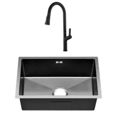 SENSI DACQUA - Lavadero de Cocina Acero Inoxidable 1 Poza Negro 45x58cm + Monomando de Cocina Vera Extensible Negro