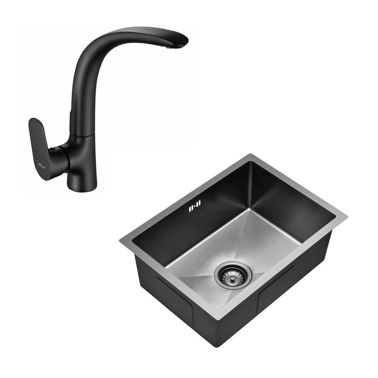 Lavadero de Cocina Acero Inoxidable 1 Poza Negro 45x58cm + Monomando Cocina Negro Vittorio