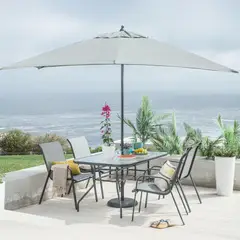 JUST HOME COLLECTION - Mesa Rectángular con Vidrio 140x90cm Negro + Silla Sling Gris de Metal con Textileno + Quitasol Sling Gris 2x3