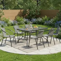 JUST HOME COLLECTION - Mesa de Terraza Rectangular con Vidrio Negra 140x90CM + Silla para Terraza Ratan Gris Oscuro 73x54x61 cm