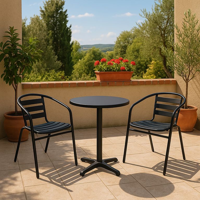 02 Sillas Slat Aluminio/Metal Negra + Mesa Redonda 60cm Aluminio Negra