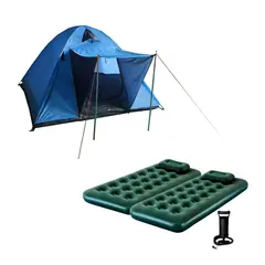 KLIMBER - Carpa Para 4 Personas Modelo Iglú Dome Color Azul + Combo 2 Colchones Inflables 1 Plaza + 2 Almohadas + Inflador
