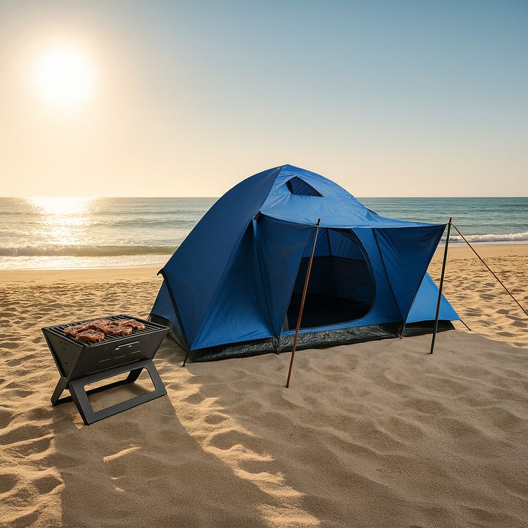 Carpa Iglú Dome para 4 personas Azul + Parrilla a Carbón Plegable 45x30cm