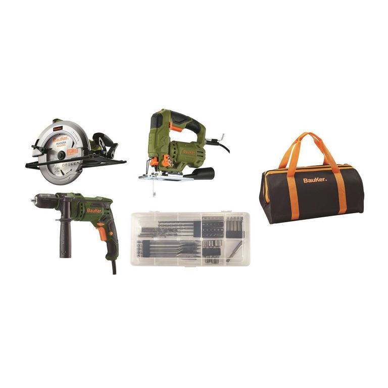 Combo carpintero Bauker: Taladro Percutor Bauker + Sierra Caladora Bauker + Sierra Circular Bauker + Bolso + Set Accesorios