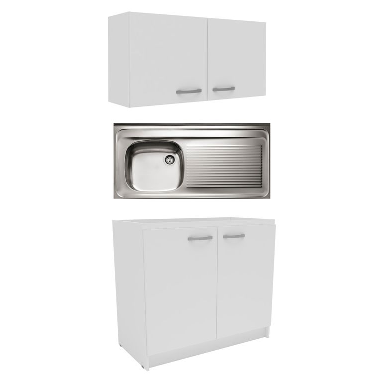 Mueble Base 2 Puertas 100cm Blanco + Mueble Mural Cocina 2 Puertas 100cm Blanco + Lavadero de Cocina Acero Inoxidable 1 Poza con Escurridero 100x50cm.