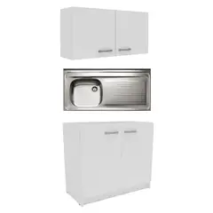 undefined - Mueble Base 2 Puertas 100cm Blanco + Mueble Mural Cocina 2 Puertas 100cm Blanco + Lavadero de Cocina Acero Inoxidable 1 Poza con Escurridero 100x50cm.