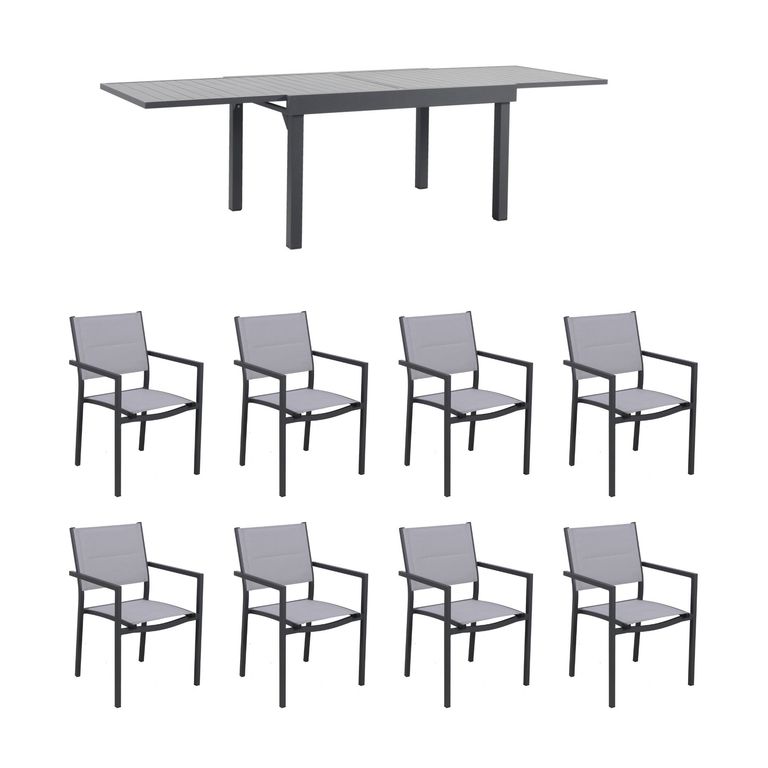 Mesa de Comedor Aluminio 270x90x75 cm Negro + 8 Sillas Terraza Aluminio Textileno