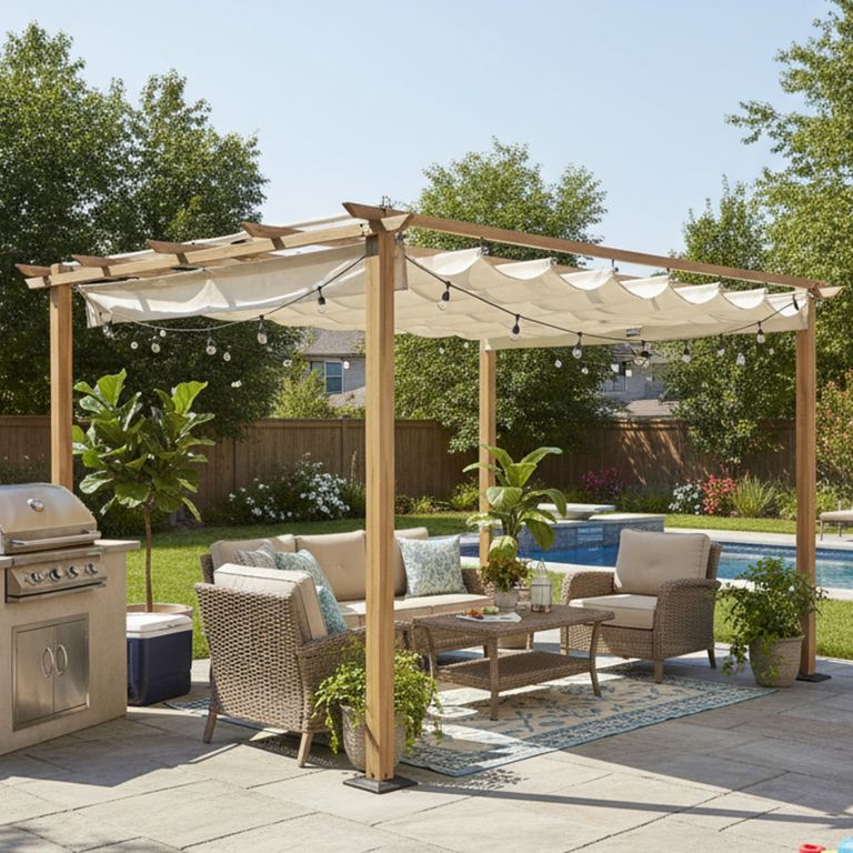 Pérgola de Aluminio Look Madera con Tela Retráctil 3x4