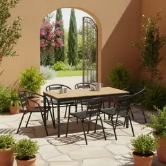 JUST HOME COLLECTION - Mesa de Terraza Extensible Rectangular Natural 200X90CM + Silla de Aluminio Negra Apilable