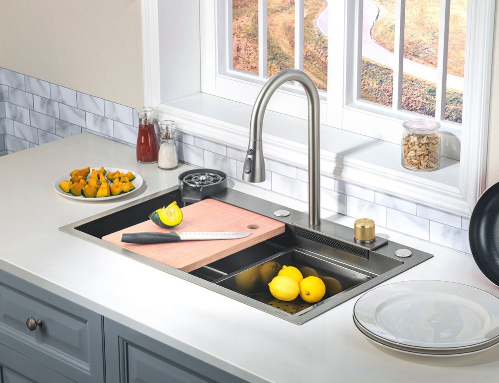 Lavadero de Cocina Multifuncional 2 Pozas Negro Acero inoxidable 75x46x22 cm