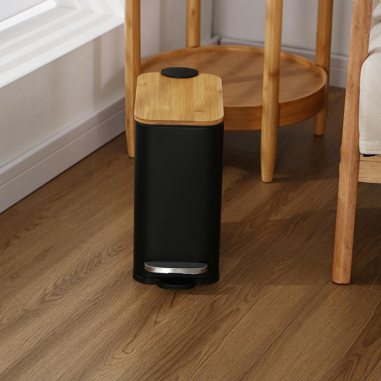 Papelera Rectangular con Tapa de Bambú Negra 5L