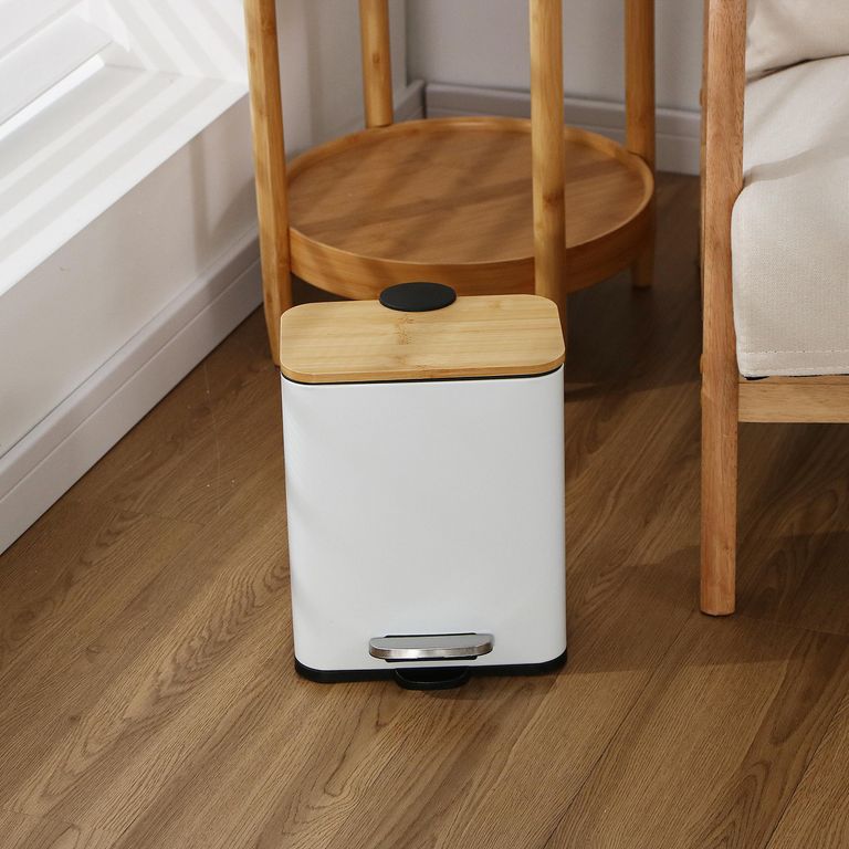 Papelera Rectangular con Tapa de Bambú Blanca 5L