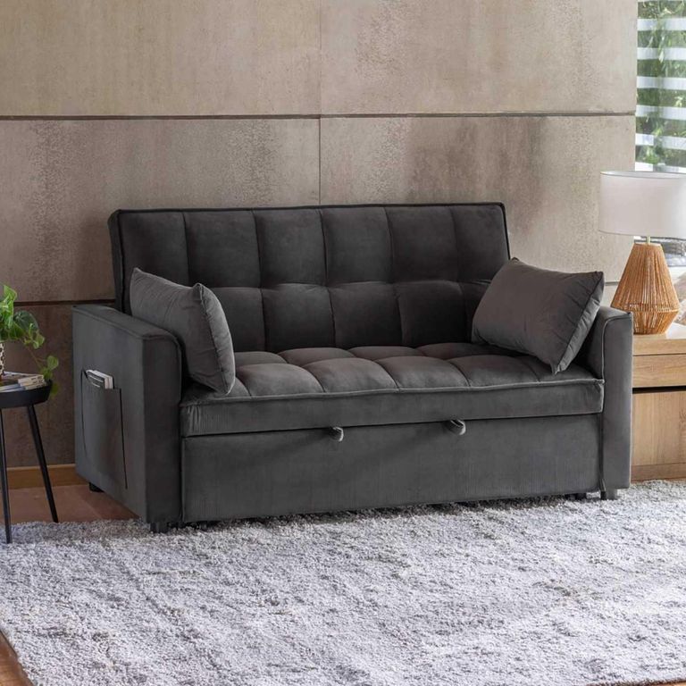 Sofá Cama Futón 2 Cuerpos + Cojines Decorativos Teki Gris