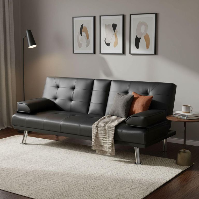 Sofá Cama Futón 3 Cuerpos con Posavasos Aveiro Negro