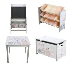 JUST HOME COLLECTION - Combo Mesa + Set x2 Sillas + Juguetero +  Pizarra + Baúl Animales