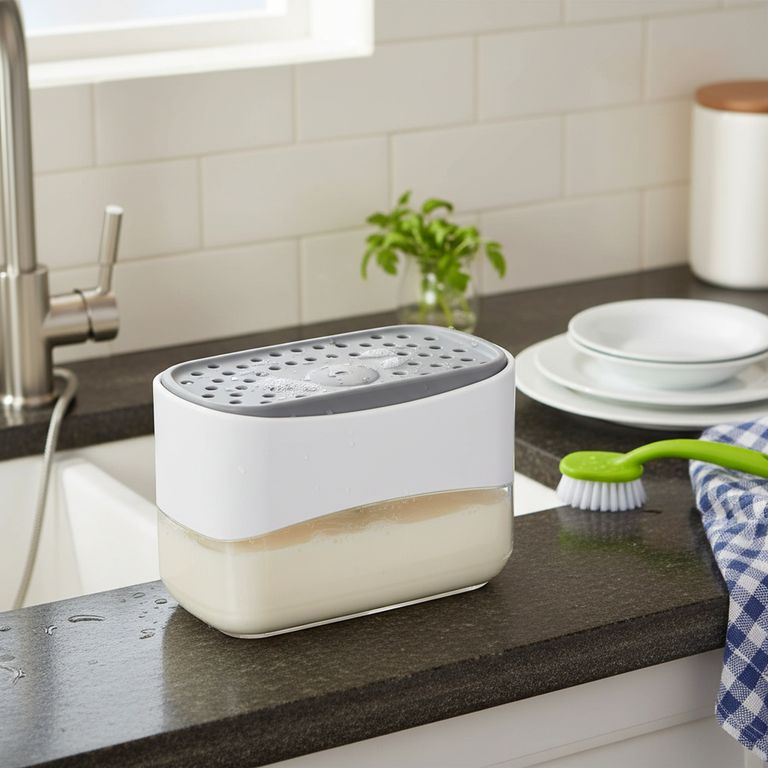 Dispensador de jabón liquido lavavajillas con porta esponja para cocinas