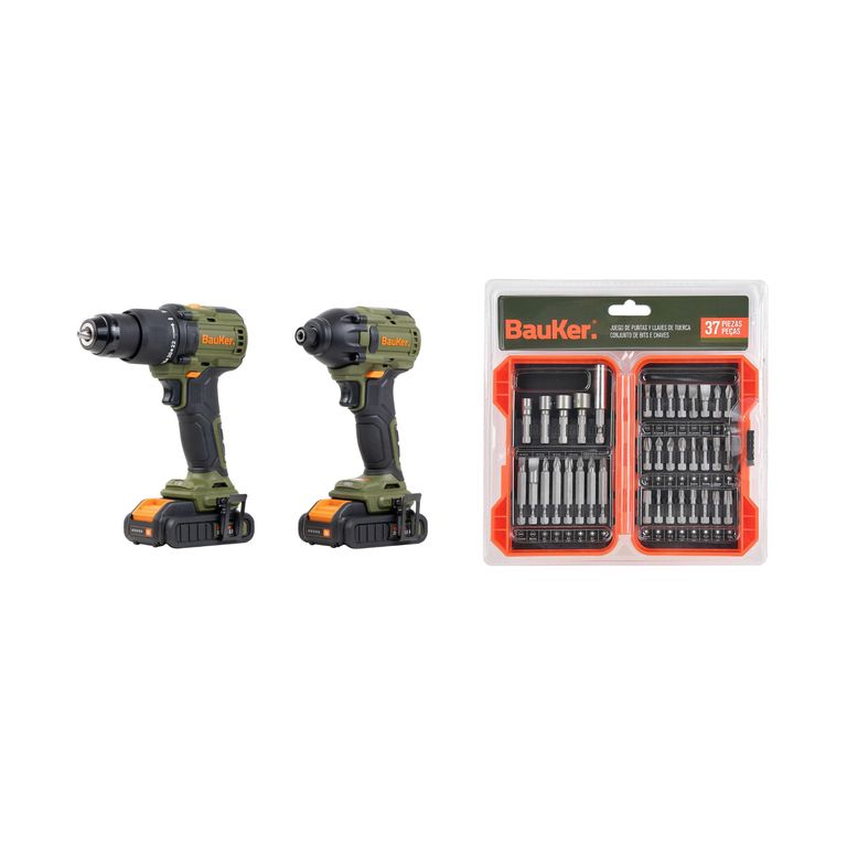 Kit Taladro y Atornillador Impact 20V BMC + Set 37 Puntas y Llaves de Tuerca Bauker