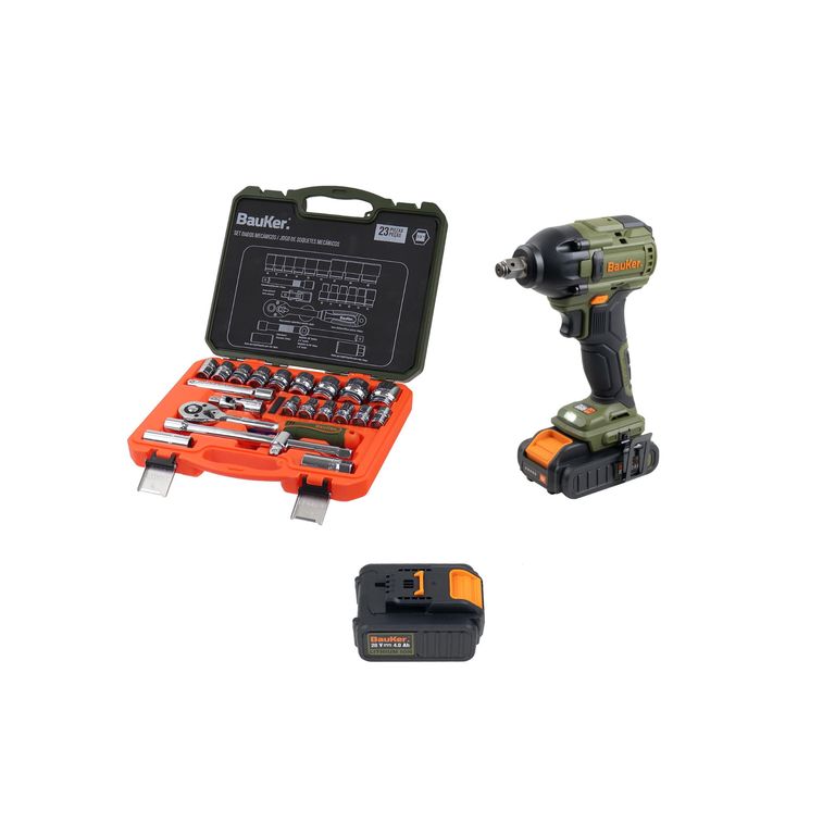 Llave de Impacto 1 2 20V Bare + Batería 4AH 20V + Set Dados Mecan0 523Pz Bauker