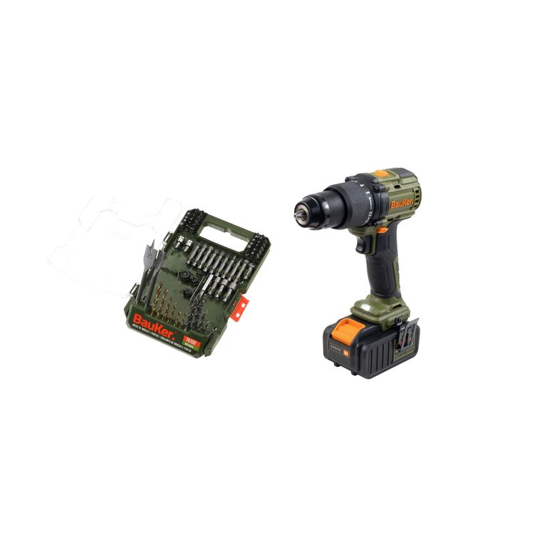 Taladro Percutor 1 Batería 20V + Set 76 Brocas y Puntas Bauk
