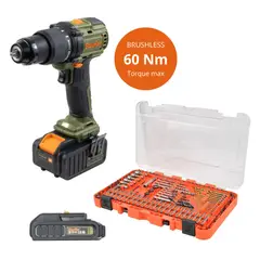 BAUKER - Taladro Percutor 2 Baterías BMC 20V + Kit 109 Piezas Broca y Punta Metal