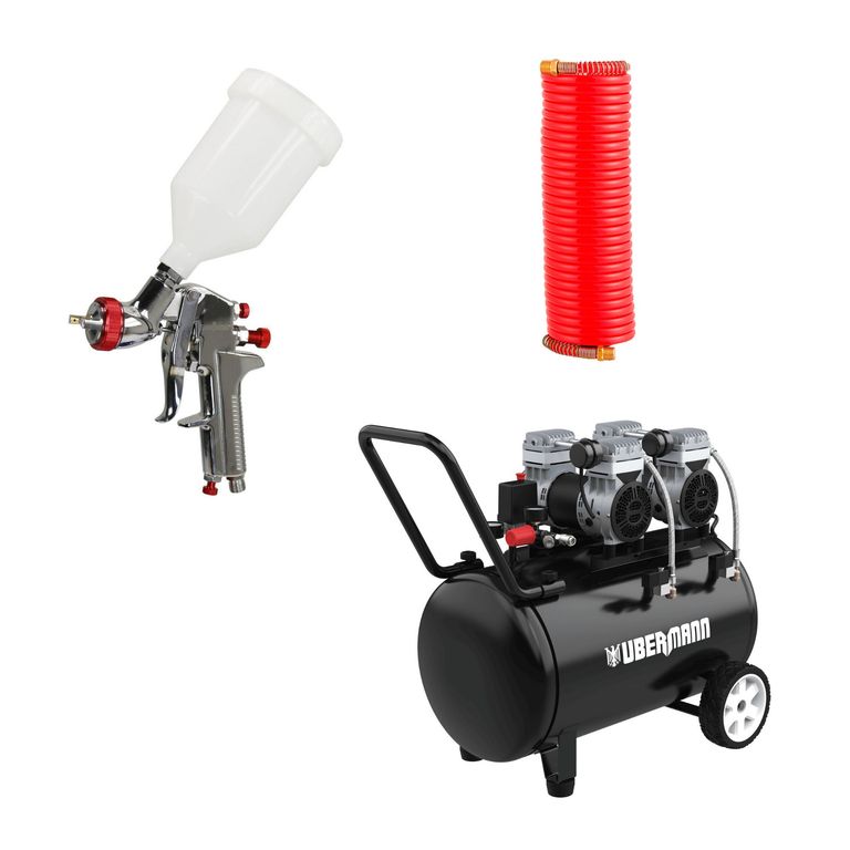 Compresora de Aire 2.2 HP 100 Litros 33010053 + Pistola De Gravedad Alta Presion + Manguera de Aire Espiral 1/4" 7.5m Polietileno Uberman