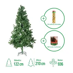 DEAR SANTA - Árbol de Navidad 210cm 936 Ramas Bavaria + Juego de 100 Mini Luces Colores 8 Funciones Navidad + Set de 50 Esferas 6 cm Doradas en Tubo.