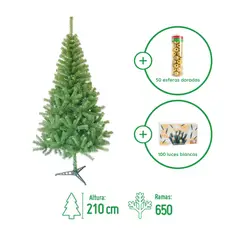 DEAR SANTA - Árbol de Navidad 2.1m 650 Ramas Canadiense + Juego de 100 Luces Blancas Navidad + Set de 50 Esferas 6 cm Doradas en Tubo