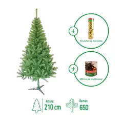 DEAR SANTA - Árbol de Navidad 2.1m 650 Ramas Canadiense + Juego de 100 Mini Luces Colores 8 Funciones Navidad + Set de 50 Esferas 6 cm Doradas en Tubo.