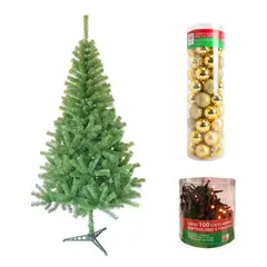 DEAR SANTA - Árbol de Navidad 2.1m 650 Ramas Canadiense + Juego de 100 Mini Luces Colores 8 Funciones Navidad + Set de 50 Esferas 6 cm Doradas en Tubo.