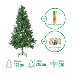 DEAR SANTA - Árbol de Navidad 210cm 936 Ramas Bavaria + Juego de 100 Luces Blancas Navidad + Set de 50 Esferas 6 cm Doradas en Tubo