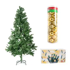 DEAR SANTA - Árbol de Navidad 210cm 936 Ramas Bavaria + Juego de 100 Luces Blancas Navidad + Set de 50 Esferas 6 cm Doradas en Tubo