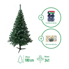 DEAR SANTA - Árbol de Navidad 180cm 341 Ramas Canadiense Verde + Juego de 100 Luces Blancas Navidad + Set de 12 Esferas 6 cm Azul Oscuro Brillantes